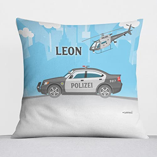 Dekokissen personalisiert Polizei mit Füllung Name Couch Bett Geschenk | 40 x 40 cm komplettes Namenskissen mit Bezug Füllkissen Wunschname Motivdruck für Kinderzimmer Sofa Bett Geschenk