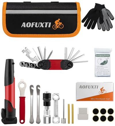 AOFUXTI Bicycle Tire Patch Repair Kit, Bike Chain Repair Wrench, Essential Mini Pump, Portable Adult Bicycle Toolkit Accessories,Tool Kit for Camping Travel, Best Gifts for Men and Women