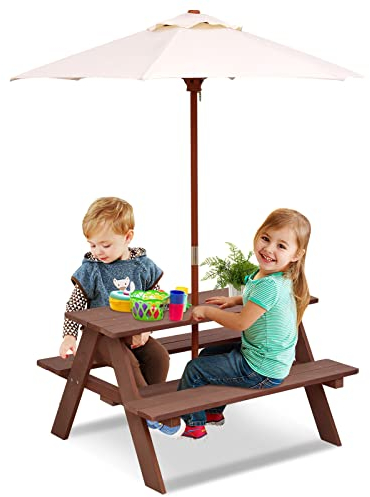 COSTWAY Kindersitzgruppe mit Sonnenschirm, Kindersitzgarnitur aus Tannenholz, Kinder Picknicktisch, Sitzgruppe Outdoor, Sitzgarnitur, Gartenmöbel für draußen