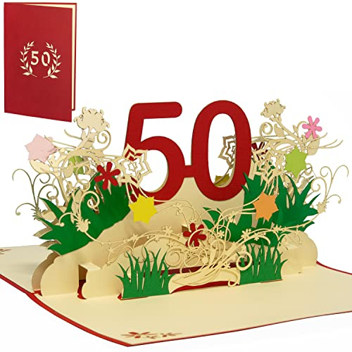 LINPOPUP®, LIN17786, Pop Up Karte Geburtstag, Geburtstag Gutschein, Geburtstagsgeschenke für Frau, Geburtstagseinladung, Glückwunschkarte Klappkarte 3D, Jubiläum, 50, Blumen Pop Up, N61
