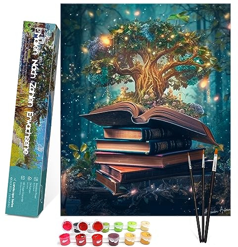 Bougimal Painting By Numbers adultes paysage sans cadre avec pinceaux et peintures acryliques - 40 x 50 cm, Arbre magique