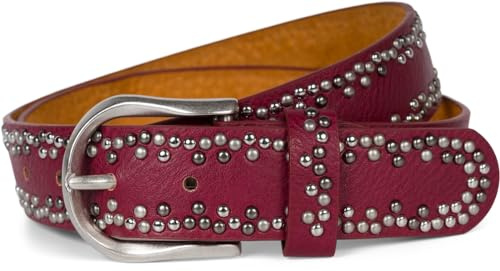 styleBREAKER Nietengürtel Unisex mit kleinen mehrfarbigen Nieten | Vintage Gürtel aus Rindsleder mit farbgebender Polyurethan-Beschichtung | kürzbar & verstellbar, Farbe:Bordeaux-Rot, Größe:105cm