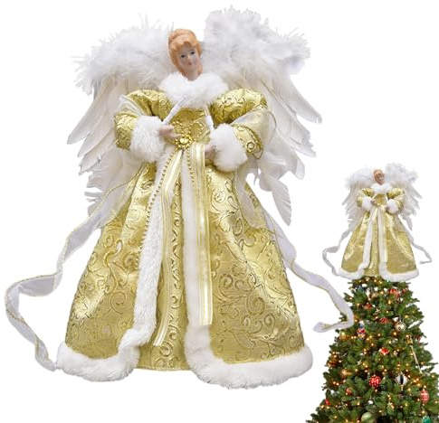 Annewi 32 cm Engel Weihnachtsbaumspitze, beleuchtete Baumspitze einzigartig mit weißen Federflügeln, Stecker in oder batteriebetrieben, Weihnachtsbaumengel für Inneneinrichtung, Batterien nicht