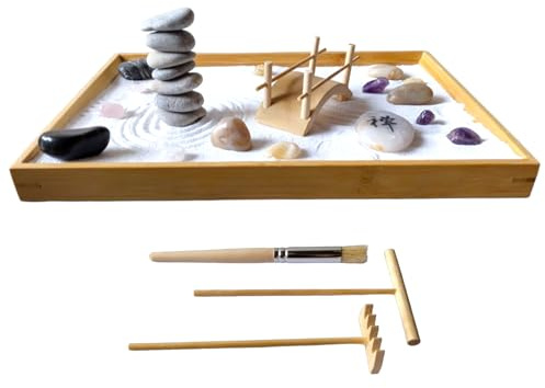 NATURALTOUCH Japansk miniatyr zen trädgårdssats natursten tema zen trädgårds set tillverkad av naturliga material i miljövänlig förpackning idealisk för meditation, avkoppling eller present (design A)