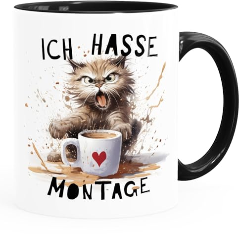 MoonWorks® Kaffee-Tasse mit Spruch Ich hasse Montage Motiv Katze Bürotasse lustige Kaffeebecher weiß-innen-schwarz standard