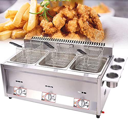 Friteuse à Gaz Commerciale avec Paniers Amovibles Et Poêle à épices,Système De Vidange De Friteuse De Bureau Simple/Double Cylindre en Acier Inoxydable Propane Lpg pour Restaurant Et Maison,TriplePot