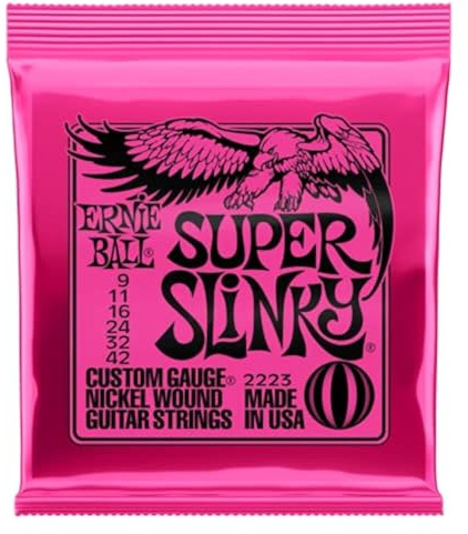 Ernie Ball Super Slinky Guitar Strings - includes 6 free Giocoso plectrums