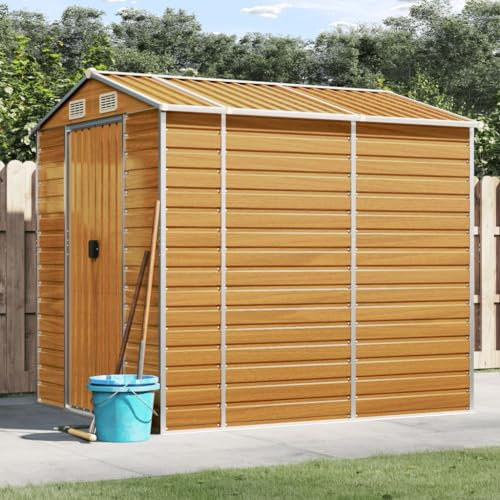 ARKEM Casetta da Giardino per Attrezzi, Capanno in Lamiera d'Acciaio con Tetto Inclinato, Ripostiglio per Attrezzi con Porte Scorrevoli per Giardino,Capanno Giardino Marrone Chiaro 191x215x198cm Accia