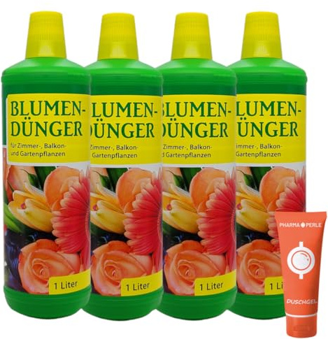Premium Blumendünger flüssig 4x 1 l für Zimmerpflanzen, Balkon- und Gartenpflanzen I NPK 4-2-2 I Düngemittel I Flüssigdünger I Nährstoff Düngemittel I Spar-Set plus Pharma Perle give-away