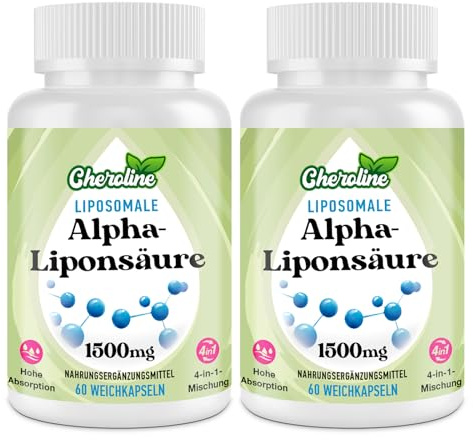 Ácido Alfa Lipoico Liposomal 1500 mg, 60 Cápsulas Blandas de Alta Potencia para Veganos, Naturales Suplemento ALA 4 en 1 para Energía, Reduce La Fatiga, No GMO, Sin Gluten (60 unidad (Paquete de 2))