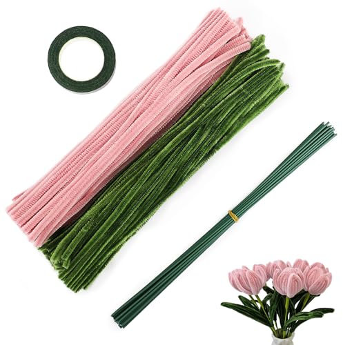 ktxaby 200 Stück Pfeifenreiniger Set, Chenilledrähte mit Blumendrähten und Gartentape, für Tulpenstraußherstellung, DIY Bastelprojekte (Rosa)