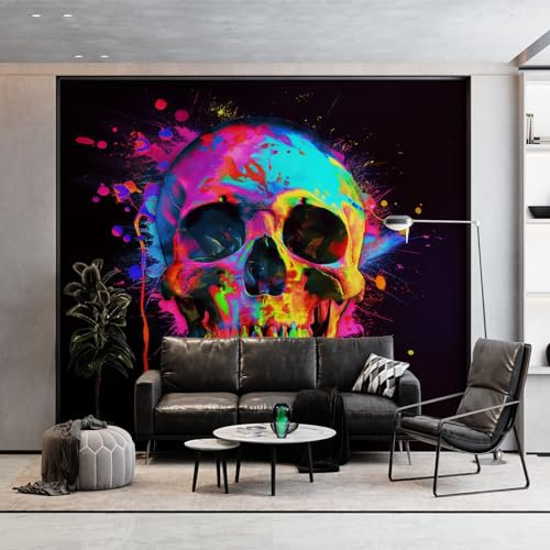 Wallpaper Neon Paint Skull Wall Mural 400W x 280H cm, Black Custom Panoramic Photo Mural - Modern Design Decoration Picture Poster Wallpaper for Living Room Kids Bedroom