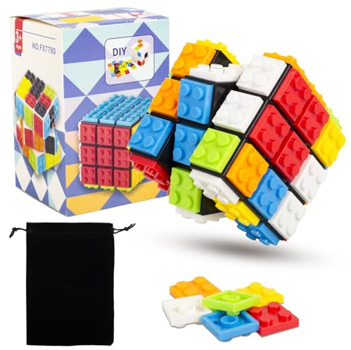 Unvtap Zauberwürfel 3x3 Build-on Brick Magic Cube 2-in-1 Speed Cube Knobelspiele Magischer Würfel Spielzeug für Kinder Erwachsene Jungen Mädchen Geschenk mit Samtbeutel