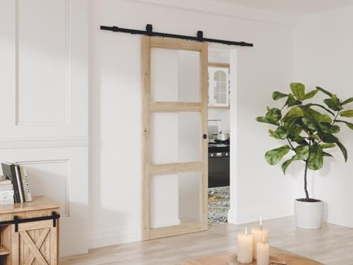 Vente-unique - Porte coulissante avec systéme en applique en bois et verre trempé dépoli - 3 fenêtres - H205 x L93 cm - ACOSTA II
