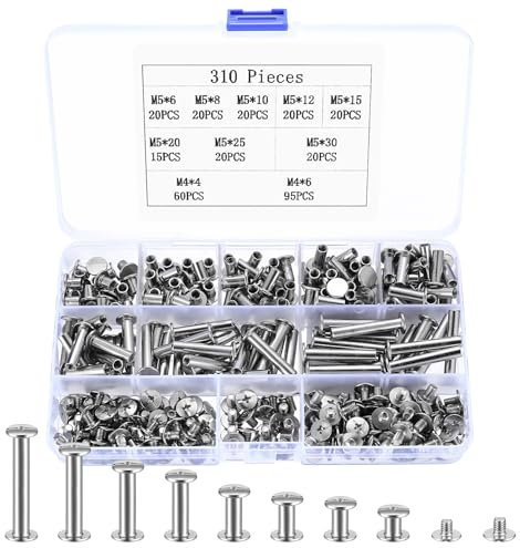 310 Stk Buchschrauben, M5 Chicago Schrauben Set, Binding Schrauben, Schraubnieten für Leder Nieten Set mit Hülsenschrauben, Doppelkappe Ledernieten Set, Hohlnieten Set für Basteln Leder Buch Gürtel