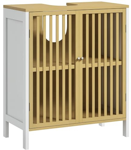 HOMCOM Mueble para Debajo del Lavabo Armario de Almacenamiento Bajo Lavabo de Bambú con Estante Ajustable y Puerta Doble Carga 30 kg 60x30x70 cm Blanco y Natural