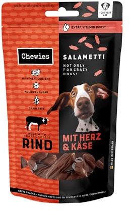 Chewies SALAMETTI Rind, Herz & Käse - Hundeleckerli getreidefrei, mit Protein, ohne Zucker & schonend luftgetrocknet, reich an Vitaminen & Mineralstoffen (8 x 200g)