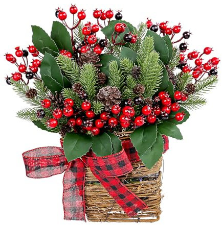 Christmas Wreath for Front Door,Christmas Door Hanger Basket Wreath with Leaves Pine Cones Red Berry Bow,Winter Xmas Hanging Wreath for Farmhouse Garden Front Porch Home Decor