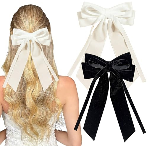 Schleife Haarspange - 2 Stück Doppellagige Samt Haarschleifen Clips, Elegante Haarspangen mit Großen Klammer und Bändern Haarschmuck für Frauen, Hochzeit, Weihnachten, Geburtstag (Schwarz + White)