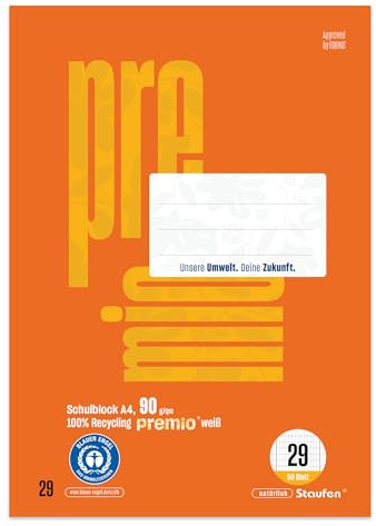 Staufen premio Schulblock - 5 Hefte je 50 Blatt, DIN A4, Lineatur 29 (5 x 9 mm rautiert mit RL), 4-fach Lochung, 90 g/m² Recyclingpapier | Lineatur 29, 100% Recyclingpapier, zertifiziert mit dem Blauen Engel, abgerundete Ecken, 90 g/m² Papier