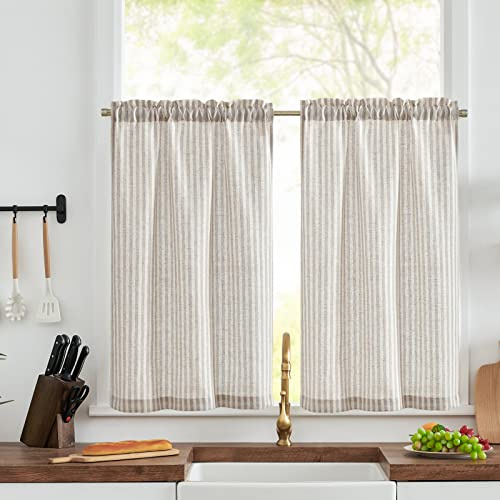 TOPICK Kitchen Curtains, Cafe Curtains, W26xL36, 2 Panels, Grey Striped