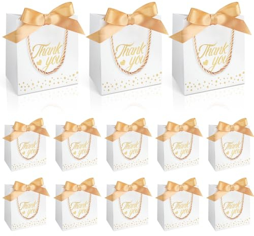 30 Stück Geschenktüten Danke mit Schleifen Und Griff, Klein Mini Danke Geschenktüte Rosa Gold, Small Gift Bag Geschenktaschen Papier für Braut Brautjungfern Hochzeit, 13x8x15cm (30PCS Weiß-Gold)