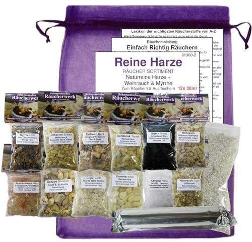 12x Reine HARZE zum räuchern 16-TLG RÄUCHERSORTIMENT mit WEIHRAUCH MYRRHE KOPAL Styrax ... Für Räucherkohle & Sieb. 4 x ZUBEHÖR. 81900-2