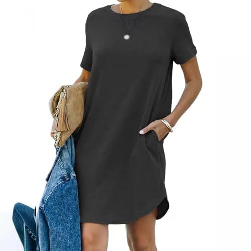 Maglietta da donna, lunghezza al ginocchio, abito estivo da donna, corto, con scollo rotondo, a maniche corte, in cotone, tinta unita, comodo, da spiaggia, casual, per il tempo libero, Nero , M