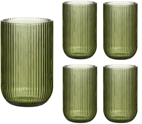 Set of 4 Ribbed Highball Tumbler Glasses 420ml Drinking Glasses (Green)