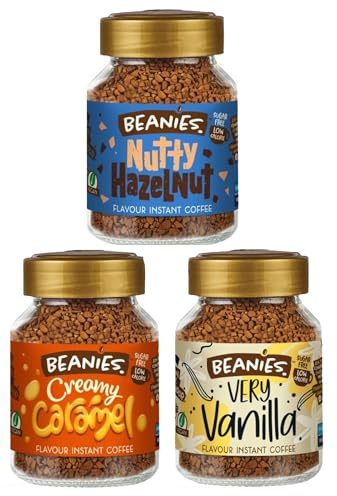 Beanies Flavoured Instant Coffee Variety Pack - 3 x 50g jars - Creamy Caramel, Nutty Hazelnut and Very Vanilla