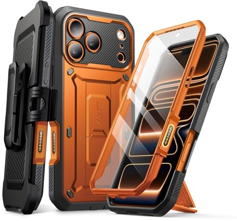 SUPCASE Cover per iPhone 17 Pro Max con Pulsante di Controllo della Fotocamera, [con Supporto e Protezione per lo Schermo] [Protezione di Livello Militare] Cover Resistente a 360 Gradi (Arancione)