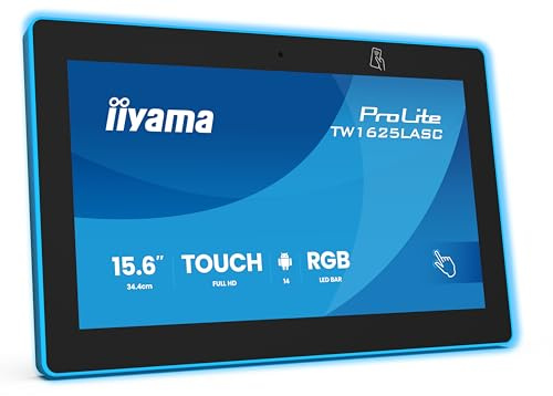 iiyama Prolite TW1625LASC-B3PNR 34.4 cm 15.6 Inch IPS PCAP 10 Point Touch Monitor Audio Out USB 3.2/2.0 USB-C RJ45 PoE Android 14 WiFi Bluetooth NFC/RFID RGB SD Slot Webcam Anti-Glare Anti-Fingerprint