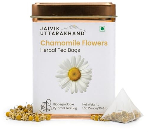 Jaivik Uttarakhand - Dried Chamomile Flower Tea Bags (15), Herbal Caffeine-Free, Natural Calming, Caffein free for Sleep Relaxation, Pack of 1 Tin Can