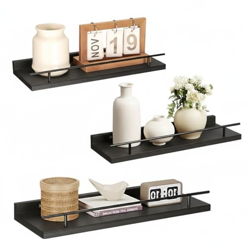 VINATO Set di 3 Mensole da Muro 40x15x4.5CM per Cucina Soggiorno Ufficio e Camera da Letto, Mensole in Legno, Nero