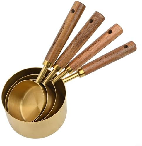 Juego de tazas y cucharas medidoras de acero inoxidable con asas ergonómicas de madera de acacia, kit de herramientas de horneado de 8 piezas para medir con precisión el fl