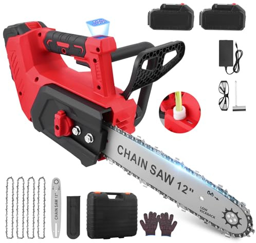 GJCrafts 12-Inch Brushless Cordless Chainsaw with Digital Display, 2X 4.0Ah Batteries, 1200W Motor & 3 Chains for Wood Cutting and Tree Trimming