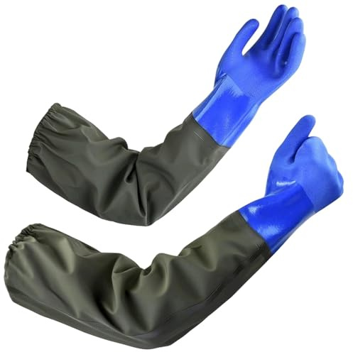 Eulihent 27 Pond Gloves Long Arm Waterproof Drain Cleaning Gloves PVC Reusable Heavy Duty Chemical Resistant Protective Gloves for Aquarium Fishery Machinery Industry (Blue)