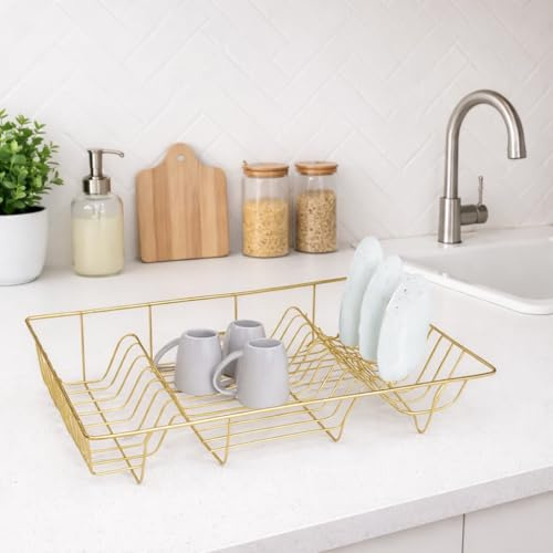 RHMM Gold Stainless Steel Dish Drying Rack for Kitchen Counter Heavy Duty Wire Dish Rack Large Kitchen Drainer Organizer Rust-Resistant L48.5 x W30 x H10cm