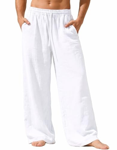 Nuofengkudu Pantaloni Cotone Lino Uomo Estivi Larghi Leggeri Traspirante 3 Tasche Elastico in Vita Coulisse Comodi Gamba Larga Yoga Pantalone Vacanza Casual Casa Spiaggia Bianco L
