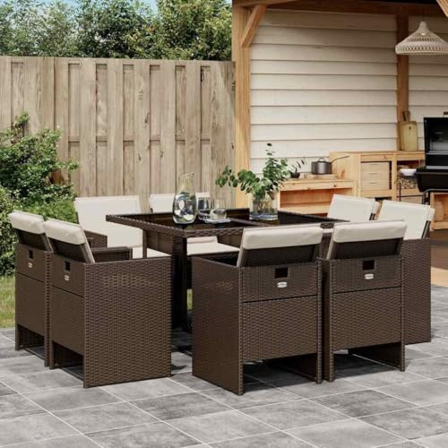 Mokuyary Grupo de comedor de jardín de 9 piezas, con cojín, color marrón, poliratán, mesa de comedor, mesa de comedor, impermeable, muebles de balcón para porches, patios, terrazas, escritorio