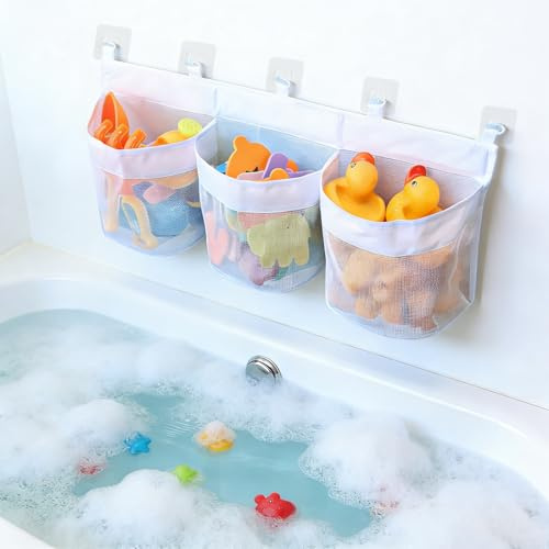 Badewannen Aufbewahrung 60cm, 3 Fächer Mesh Hängeorganizer Mit 5 Haken, Praktische Badeutensilien Mesh Tasche Für Badezimmer, Weiß – Ideal Zum Sortieren & Verstauen Von Badezimmer Utensilien