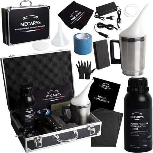 MECARYS - Kit Renovateur Phare Voiture 600ml – Kit Renovation de Phare - Optique Anti Jaunissement, Polissage Phare, Elimine Oxydation et Rayures, Protection UV Longue Durée