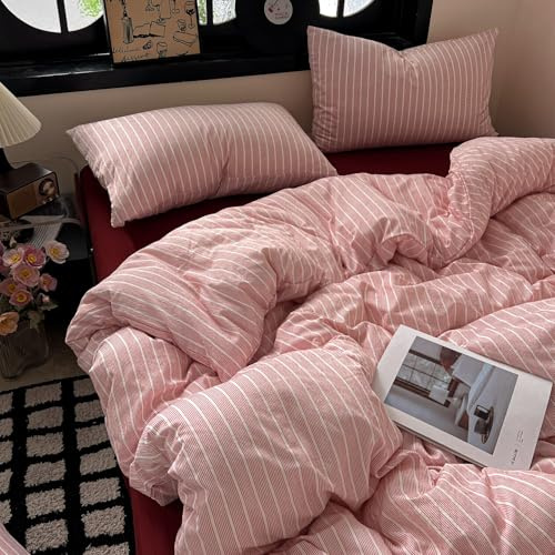 Sedefen Gestreift Bettwäsche 135x200 Rosa Weiß Streifen Wendebettwäsche | ÖKO-TEX Zertifiziert Bettwäsche für Allergiker,4 Jahreszeiten Set,Vintage Bettbezug 1 Kissenbezüge 80x80 mit Reißverschluss