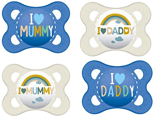 MAM Schnuller Original Silikon I Love Mummy & Daddy 0-6 Monate, Junge, 4 Stück