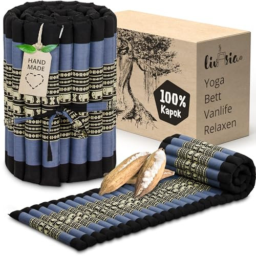 livasia Rollmatte Rollmatratze S schmal - 200x50x4,5cm - Gästebett Gästematratze 1 Person mit Muster, Reisebett Kofferraum Outdoor, Thaimatte Kapok für Garten Balkon handgefertigt (Blau/Elefanten)