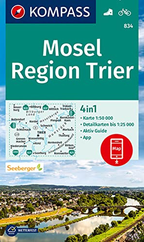 KOMPASS Wanderkarte 834 Mosel, Region Trier 1:50.000: 4in1 Wanderkarte mit Aktiv Guide und Detailkarten inklusive Karte zur offline Verwendung in der KOMPASS-App. Fahrradfahren.