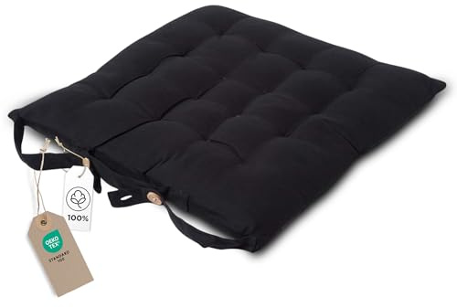 HOMESCAPES - Seat Pad - Black - 40 x 40 cm - Indoor - Garden - Dining - Chair Cushion - 100% Cotton - Well Filled - Easy Care - Washable At Home