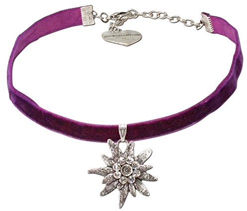 Alpenflüstern Trachten-Samt-Kropfband Strass-Edelweiß groß - Trachtenkette enganliegend, Kropfkette elastisch, Damen-Trachtenschmuck, Samtkropfband schmal lila-violett DHK069