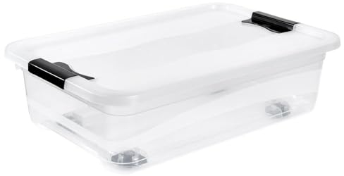 keeeper Aufbewahrungsbox mit Rollen, Deckel und Schiebeverschluss, 59,5 x 39,5 x 18 cm, 28 l, Konrad, Transparent
