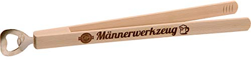 Kaltner Präsente XL Grillzange mit Flaschenöffner aus Fichtenholz | Männerwerkzeug Zange mit Fleischwender + Bieröffner | 30 cm x 3 cm, 1 Stück, Braun